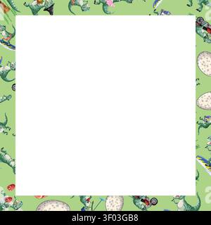 Funny dinosaur characters in various costumes form a seamless green border around white space. Stock Vector