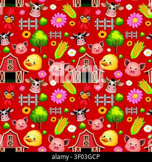 Colorful vector illustration of farm animals, barns, and crops in a seamless repeating pattern. Stock Vector