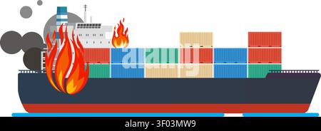 An illustration of a large cargo ship carrying containers catching fire at sea with thick dark smoke. Stock Vector