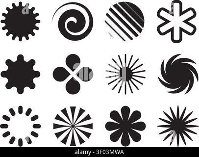 A collection of twelve minimal black vector icons featuring geometric starbursts, spirals, flowers, and abstract shapes. Stock Vector