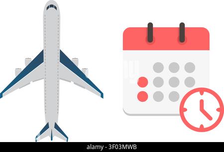 A top-down view of an airplane icon next to a red calendar and clock, representing flight scheduling, travel dates, and booking time. Stock Vector