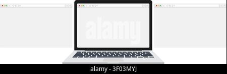 A clean vector illustration featuring an open laptop displaying a blank web browser alongside two extra floating windows. Stock Vector