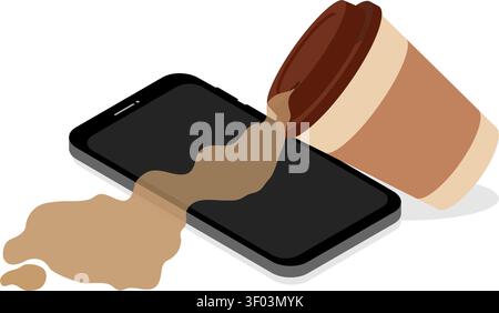 an illustration of a paper coffee cup tipping over and spilling liquid across the screen of a black smartphone Stock Vector