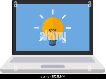 An open laptop displays a bright yellow light bulb on a blue screen, representing digital ideas and innovation. Stock Vector