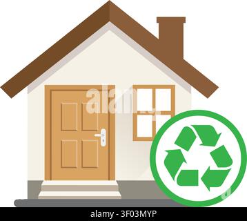 Minimalist flat vector illustration of a simple house with a green recycle emblem representing green living. Stock Vector