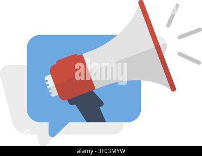 A minimal flat graphic showing a white megaphone over a blue speech bubble to represent news and alert messages. Stock Vector