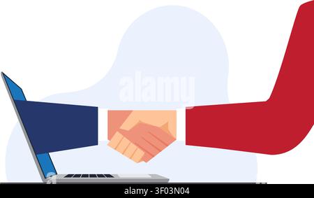 An illustration depicting a digital handshake extending from a laptop screen to close a remote business agreement. Stock Vector
