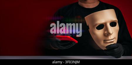 Deepfake identity fraud and AI scam concept featuring anonymous impersonator with mask and smartphone on red banner. Digital deception, voice cloning, Stock Photo