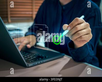 Digital document approval and electronic signature concept. Online verification, paperless workflow, contract management, compliance validation, busin Stock Photo