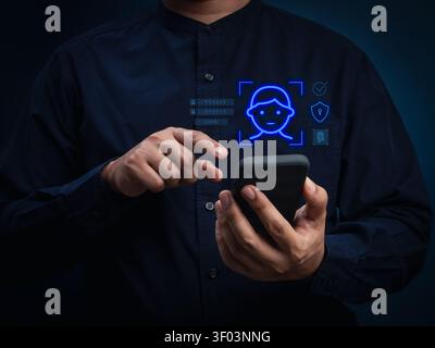 Digital identity verification concept featuring mobile face recognition and biometric authentication. Secure user access, eKYC verification, digital t Stock Photo