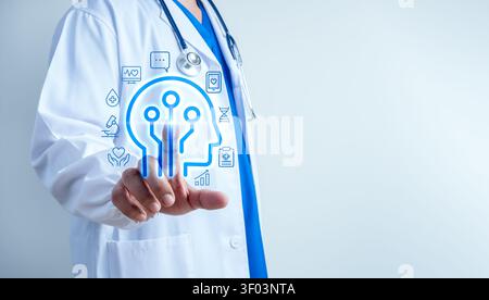 Artificial intelligence in healthcare concept featuring physician using AI-powered clinical decision support, medical data intelligence, precision hea Stock Photo