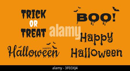 Halloween poster with orange background, spooky dripping fonts, bats, and themed phrases like Trick or Treat Stock Vector