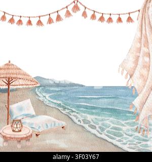 Coastal frame with sandy beach, ocean waves, seashells, tassel garland ...