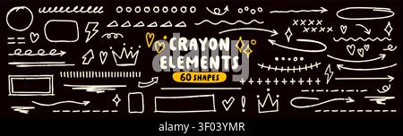 Collection of white color crayon scribble highlights on dark background. Color crown, arrows, hearts and lines. Stock Vector