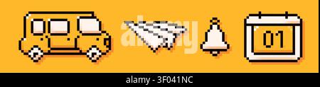 Back to School pixel art yellow and white elements. School bus, paper airplane, bell and calendar. Stock Vector