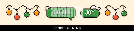 Set with pixel art Joy and cheers speech bubbles with color holiday garland. Stock Vector