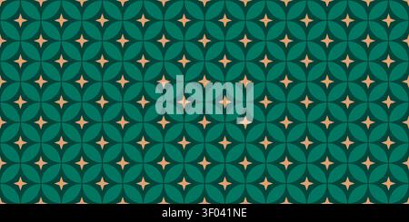 Christmas green seamless pattern with gold stars. Abstract Bauhaus seamless texture. Bauble decoration background. Xmas geometric simple texture in Stock Vector