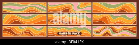 A pack with groovy banners drawn in warm groovy colors. Stock Vector