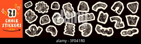 Kid crayon black and white sticker pack. Different hand drawn child shapes with chalk texture. Stock Vector