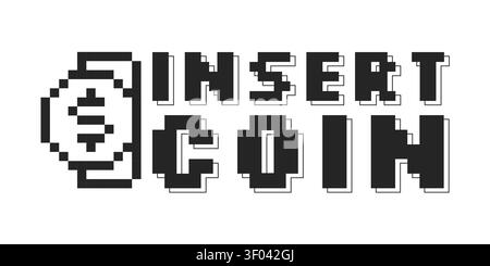 Retro pixel art insert coin black and white gaming reaction Stock Vector
