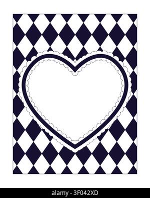 Preppy argyle heart-shaped black and white retro frame Stock Vector