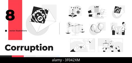 Corruption and financial crime line illustration concept set Stock Vector