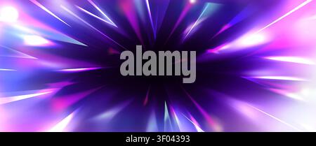 Speed light rays burst from dark center with radial motion blur effect. Dynamic zoom perspective with neon pink and purple beams radiating outward. Explosive starburst energy trails on black bg. Stock Vector