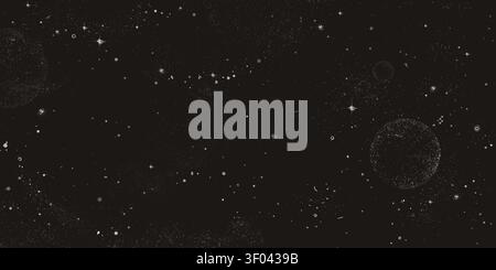 Halftone space background with dot planets and stars on black. Vector realistic illustration of vintage grunge wallpaper with abstract white spots, asteroids, constellations, dotwork galaxy design Stock Vector