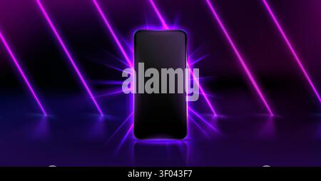 Smartphone mockup and glowing neon purple laser lines, light effects, abstract vector background. Elegant tech presentation scene with glossy floor and reflection, digital product presentation Stock Vector