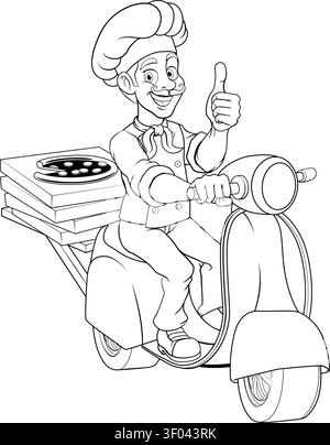 Pizza Delivery Chef on Scooter Line Art Stock Vector