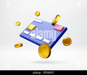 3D Blue payment card with floating gold coins. Stock Vector