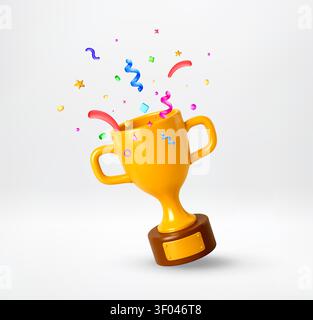 3D Golden trophy cup with colorful confetti Stock Vector
