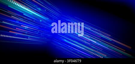 Speed data flow with neon blue lines and glowing particles, abstract vector background. Network dot pattern, digital tech presentations, futuristic cyber concept, information transfer Stock Vector