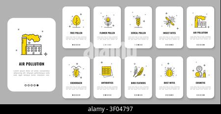 Mobile app onboarding screen, non food allergen free signs, allergy pictograms. Immunological intolerance app onboarding screen slides with pollen, dust, feather and cosmetic allergy line icons Stock Vector