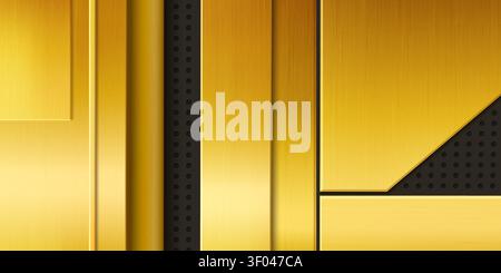 Abstract background with golden metal planks on black. Vector realistic illustration of industrial presentation template with brushed yellow stainless steel texture, perforated iron panel design Stock Vector