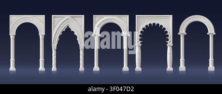 3D white marble arches and pillars of palace gates, Greek and Roman doorway or archway and temple arcs. Marble arches with stone columns of castle door entrance frames with antique molding texture Stock Vector