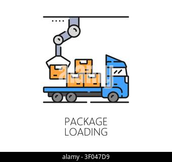Automatic production package loading, manufacture icon or symbol. Automatic factory color line sign, industrial manufacture vector symbol. Mass production icon with robotic claw loading boxes on truck Stock Vector