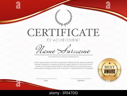 Award diploma template, certificate of achievement with luxury red and golden frame ornament and seal. Corporate background, modern appreciation, recognition, success and achievement border template Stock Vector