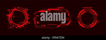 High tech hud interface with glowing red alert frames and futuristic holographic elements, abstract vector icons isolated on black background. Game ui design and cyber punk digital displays Stock Vector