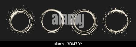 Silver rings with glowing light effect and sparkle dust, glitter on black background. Vector illustrations of magical circle frames with shiny white particles, stroke flare borders Stock Vector