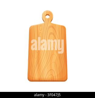 Cartoon wooden cutting board icon. Light brown kitchen utensil symbol with wood grain texture, rounded corners and hanging hole. Cutting board for culinary mobile games and recipe books Stock Vector