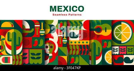 Mexico holidays and travel geometric mosaic seamless patterns with Mexican backgrounds. Mexico culture geometric pattern of calavera sugar skull, sombrero and guitar with moustaches or jalapeno pepper Stock Vector