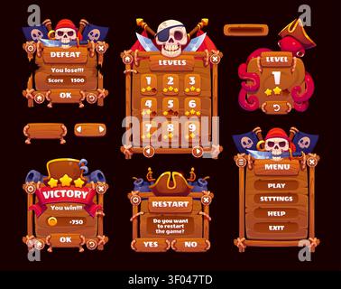 Pirate game UI menu interface window and app panels with cartoon corsair skulls, black flags and swords. Game UI old wood board menu frames, wood buttons and progress bar with pirate weapons Stock Vector
