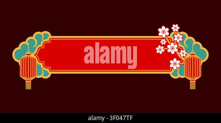 Oriental Japanese and Chinese festive banner with frame of decorative Asian ornament, vector design element. Oriental red banner with frame of cherry blossom flowers, Chinese paper lanterns and clouds Stock Vector