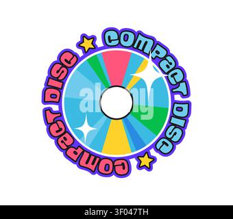 Computer CD disk Y2K groovy sticker or vintage print. PC gadget 80s funky vector tag, 1990s computer technology 60s Y2K label. Shiny compact disk and retro typography patch or sticker Stock Vector