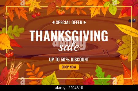 Thanksgiving holiday sale banner with red, orange and red foliage leaves, acorns and berries. Vector autumn ads promotion for the fall season discount and price off event, holiday discount template Stock Vector
