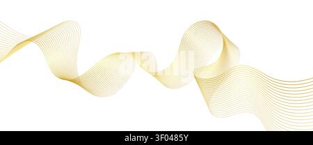 Elegant luxury golden line wave flow of abstract wavy design on white background. Gold or brown yellow line waves or 3D curve ribbon with mesh pattern of golden glow of dynamic wavy movement bg Stock Vector
