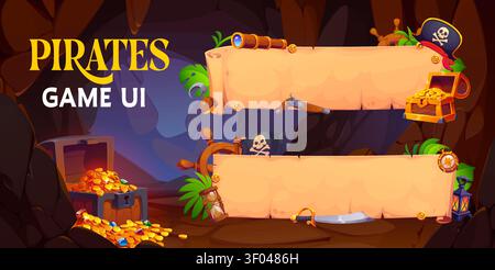 Old paper pirate scroll banners in treasures cave. Cartoon banners featuring empty parchment scrolls, treasures, weapons and navigation tools. Vibrant kids adventure illustration for storybook covers Stock Vector