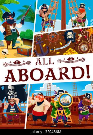 Old wooden signboard at tropical pirate treasures island. Cartoon corsair ship crew on wooden boat with treasure chest, gold coins, cutlass, compass and rigging near beach with palm trees and skulls Stock Vector