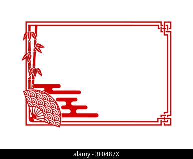 Traditional Japanese frame with decorative Asian borders and oriental patterns of Japan. Japanese frame for New Year decoration or Chinese design element with red line art border of bamboo and fan Stock Vector